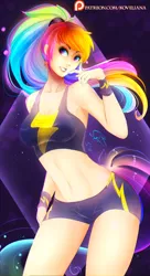 Size: 1635x3002 | Tagged: adorasexy, artist:koveliana, belly button, breasts, busty rainbow dash, chromatic aberration, clothes, costume, cute, derpibooru import, female, human, humanized, midriff, nail polish, patreon, patreon logo, ponytail, rainbow dash, sexy, shadowbolt dash, shadowbolts costume, solo, solo female, sports bra, stupid sexy rainbow dash, suggestive