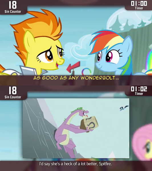 Size: 640x720 | Tagged: safe, derpibooru import, edit, edited screencap, screencap, fluttershy, rainbow dash, spike, spitfire, dragon, pegasus, pony, cinemare sins, rainbow falls, secret of my excess, female, mare, spikezilla