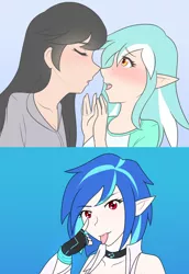 Size: 949x1382 | Tagged: safe, artist:jonfawkes, derpibooru import, lyra heartstrings, octavia melody, vinyl scratch, human, choker, clothes, elf ears, female, humanized, imminent kissing, lesbian, looking at you, octyra, shipping, simple background, tongue out