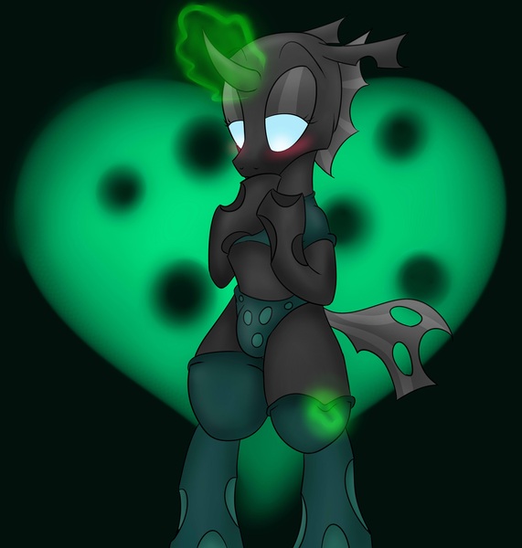 Size: 2840x2984 | Tagged: artist:waffleberry, blushing, changeling, clothes, crotch bulge, derpibooru import, femboy, heart background, male, questionable, socks, solo