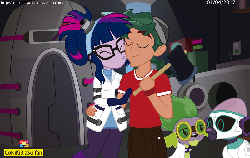 Size: 3718x2356 | Tagged: safe, artist:conikiblasu-fan, derpibooru import, sci-twi, spike, spike the regular dog, timber spruce, twilight sparkle, dog, robot, eqg summertime shorts, equestria girls, mad twience, axe, clothes, cute, eyes closed, female, high res, male, robot dog, shipping, straight, timbertwi, weapon