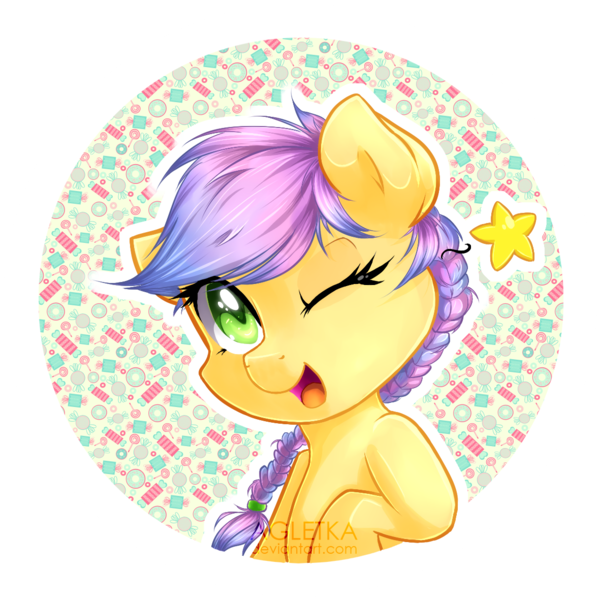 Size: 1181x1181 | Tagged: artist:agletka, badge, chibi, derpibooru import, oc, oc:candy floss, one eye closed, safe, solo, unofficial characters only, wink