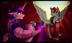 Size: 4000x2400 | Tagged: safe, artist:das_leben, derpibooru import, rainbow dash, twilight sparkle, twilight sparkle (alicorn), alicorn, pegasus, pony, the count of monte rainbow, absurd resolution, alternate hairstyle, colored pupils, crossover, duo, female, looking back, mare, monsparkle, rainbow dantes, raised hoof, smiling, spread wings, surprised, the count of monte cristo, wings