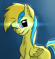 Size: 1321x1414 | Tagged: safe, artist:monmonstar, derpibooru import, oc, oc:fizzie, unofficial characters only, pegasus, pony, bedroom eyes, cute, fluffy, lens flare, one eye closed, solo, wink, yellow