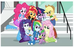 Size: 3212x2064 | Tagged: safe, artist:lovelygirlmusicer, derpibooru import, applejack, fluttershy, pinkie pie, rainbow dash, rarity, sci-twi, spike, spike the regular dog, sunset shimmer, twilight sparkle, dog, equestria girls, friendship games, boots, bracelet, clothes, cowboy boots, cute, dashabetes, diapinkes, glasses, high heel boots, humane seven, jackabetes, jacket, leather jacket, looking at you, necktie, pants, raised leg, raribetes, right there in front of me, scene interpretation, school uniform, shimmerbetes, shyabetes, skirt, socks, spikabetes, stairs, tanktop, twiabetes, wristband