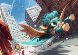 Size: 1754x1240 | Tagged: safe, artist:darthagnan, derpibooru import, oc, unofficial characters only, pegasus, pony, unicorn, city, flying, rubronycon, scenery, skyscraper, superhero