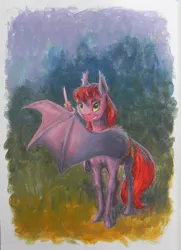 Size: 580x800 | Tagged: safe, artist:adeptus-monitus, derpibooru import, oc, oc:dany, unofficial characters only, bat pony, pony, butterfly knife, knife, traditional art