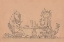 Size: 1000x662 | Tagged: safe, artist:adeptus-monitus, derpibooru import, fluttershy, trixie, alicorn, pegasus, pony, alicornified, drink, duo, hoof hold, looking at each other, monochrome, profile, race swap, sitting, table, traditional art, trixiecorn