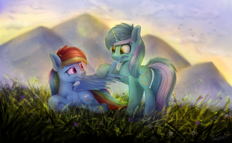 Size: 1662x1028 | Tagged: safe, artist:breakdream, derpibooru import, lyra heartstrings, rainbow dash, pegasus, pony, unicorn, confused, disgusted, drool, eye contact, female, frown, grass, grass field, hoof hold, looking at each other, mare, meadow, nom, prone, raised eyebrow, raised hoof, scenery, smiling, spread wings, taste the rainbow, wing noms, wings