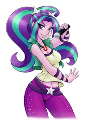 Size: 5100x6600 | Tagged: safe, artist:ambris, derpibooru import, aria blaze, equestria girls, rainbow rocks, absurd resolution, ariabetes, beautiful, belly button, belt, breasts, busty aria blaze, cleavage, clothes, colored pupils, cute, female, jewelry, looking at you, microphone, midriff, moe, necklace, pendant, pigtails, smiling, smiling at you, solo, twintails