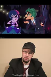 Size: 640x961 | Tagged: safe, derpibooru import, screencap, sci-twi, timber spruce, twilight sparkle, equestria girls, legend of everfree, legend of everfree - bloopers, female, groucho marx psyche out, groucho mask, image macro, male, meme, nostalgia critic, shipping, straight, thatguywiththeglasses.com, timbertwi, unamused