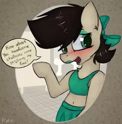 Size: 1785x1818 | Tagged: artist:marsminer, belly button, blushing, bow, bra on pony, clothes, crossdressing, cute, derpibooru import, dialogue, eyeshadow, gangbang, implied gay, lipstick, looking at you, makeup, male, midriff, oc, oc:keith, skirt, sports bra, suggestive, unofficial characters only