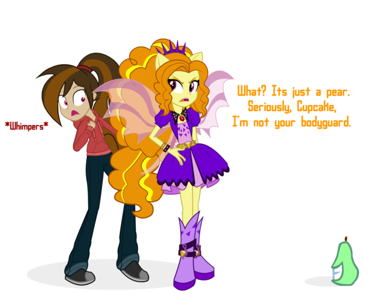 Size: 1024x806 | Tagged: safe, artist:wubcakeva, derpibooru import, adagio dazzle, oc, oc:cupcake slash, equestria girls, biting pear of salamanca, boots, clothes, dialogue, dress, duo, equestria girls-ified, food, high heel boots, hoodie, jacket, jewelry, looking back, pants, pear, pendant, ponied up, scared, shoes, simple background, white background, wings