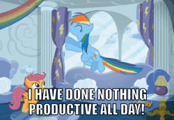 Size: 600x413 | Tagged: safe, derpibooru import, edit, edited screencap, screencap, rainbow dash, scootaloo, the cart before the ponies, animated, cute, cutealoo, cutie mark, dashabetes, discovery family logo, gif, i have done nothing productive all day, image macro, loop, meme, rainbow dash's house, the cmc's cutie marks