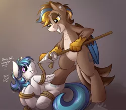 Size: 4000x3500 | Tagged: safe, artist:sugaryviolet, derpibooru import, oc, oc:gertrude, oc:valiance, unofficial characters only, hippogriff, begging, bondage, caught, happy bondage, roleplaying, ropes, spear, weapon