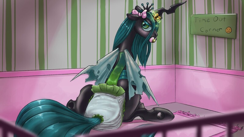 Size: 1280x720 | Tagged: adult foal, artist:biotic, bow, crib, derpibooru import, diaper, diaper fetish, hair bow, pacifier, poofy diaper, queen chrysalis, questionable, time out