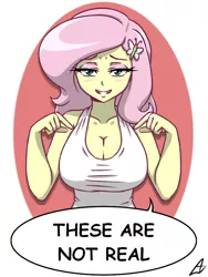 Size: 750x1000 | Tagged: suggestive, artist:acesrockz, derpibooru import, fluttershy, equestria girls, big breasts, blushing, breasts, busty fluttershy, cleavage, clothes, eyeshadow, fake breasts, female, looking at you, makeup, sluttershy, smiling, solo, solo female, tanktop
