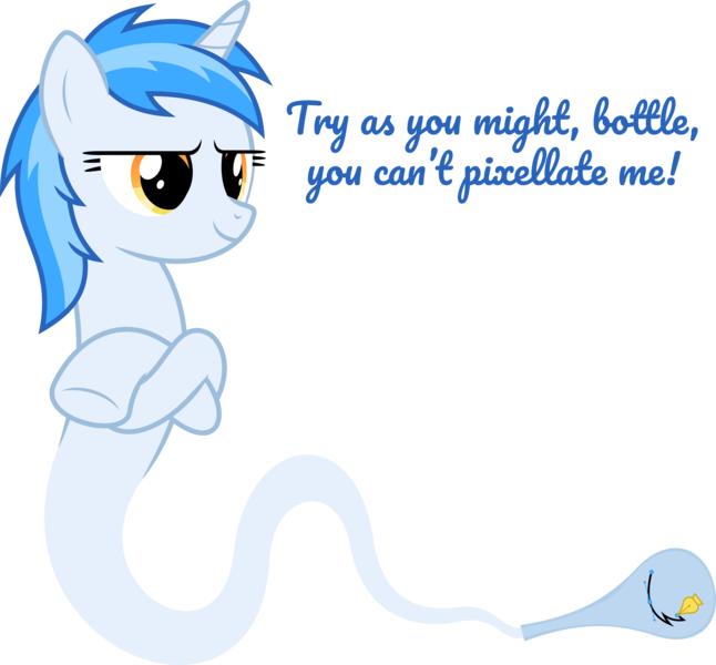 Size: 6890x6400 | Tagged: safe, artist:parclytaxel, derpibooru import, oc, oc:penny curve, unofficial characters only, genie, genie pony, pony, unicorn, mlp vector club, .svg available, absurd resolution, april fools, april fools 2017, bottle, caption, crossed hooves, female, mare, simple background, solo, story included, transparent background, vector