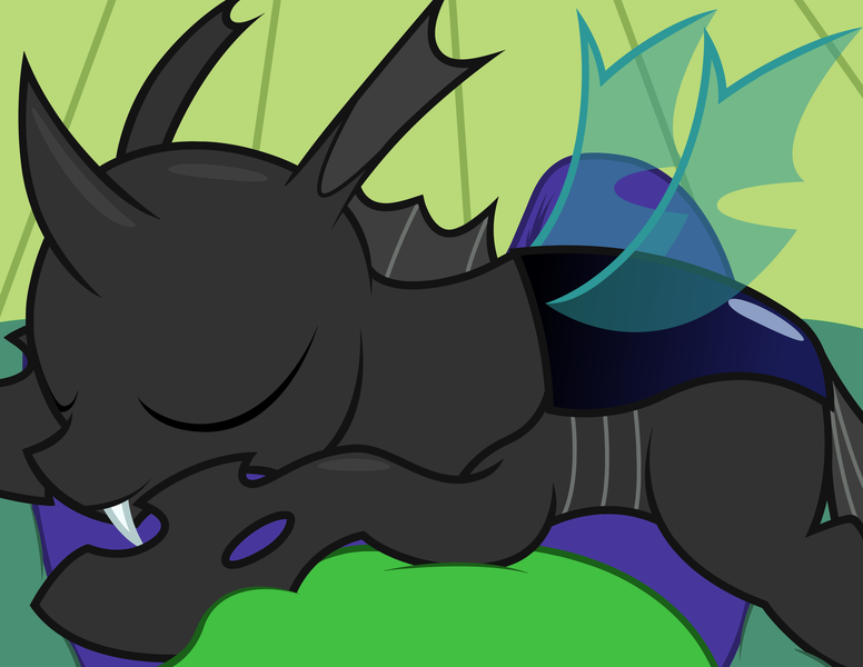 Size: 3300x2550 | Tagged: safe, artist:badumsquish, derpibooru import, changeling, human, ambiguous gender, content, cute, cuteling, duo, fangs, human on changeling snuggling, lap, offscreen character, pov, sitting on lap, sleeping, smiling