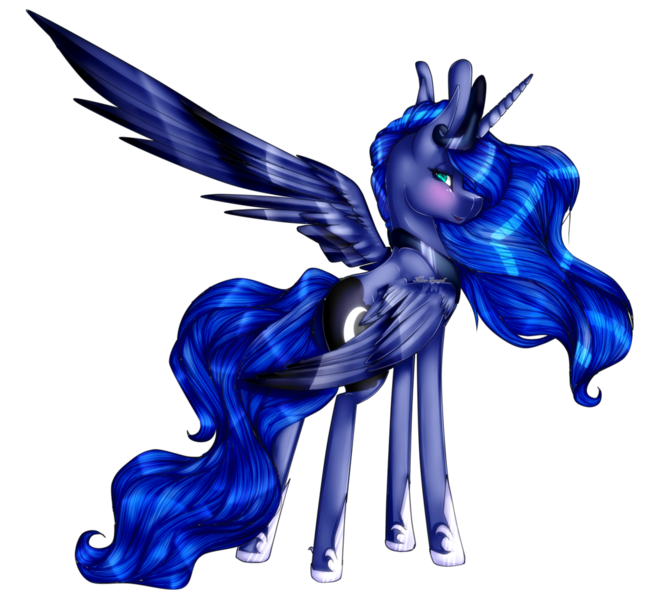 Size: 1024x940 | Tagged: safe, artist:xxmissteaxx, derpibooru import, princess luna, alicorn, pony, blushing, collaboration, crown, female, jewelry, looking back, mare, moonbutt, plot, rear view, regalia, simple background, smiling, solo, transparent background