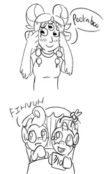 Size: 338x555 | Tagged: artist:heretichesh, babysitting, blushing, cake twins, derpibooru import, goat eyes, multiple eyes, oc, oc:ariana, offspring, parent:arimaspi, peekaboo, pound cake, pumpkin cake, safe, satyr, third eye, triclops