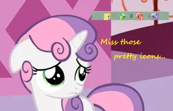 Size: 1119x719 | Tagged: safe, derpibooru import, edit, edited screencap, screencap, sweetie belle, oc, oc:comment, oc:downvote, oc:favourite, oc:upvote, ponified, pony, derpibooru, april fools, april fools 2017, derpibooru ponified, eyes on the prize, floppy ears, frown, looking up, meta, sad, solo
