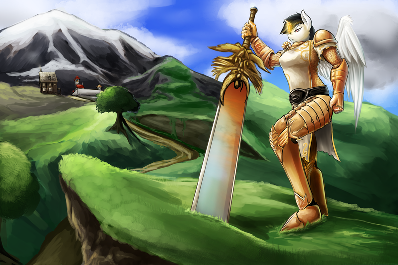 Size: 1800x1200 | Tagged: anthro, anthro oc, armor, artist:d-lowell, cloud, commission, derpibooru import, female, guild wars 2, mare, mountain, oc, path, pegasus, plantigrade anthro, safe, scenery, sky, solo, sword, town, tree, unofficial characters only, weapon