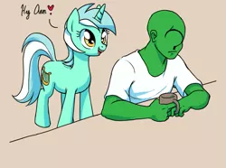 Size: 679x504 | Tagged: safe, artist:stoic5, derpibooru import, lyra heartstrings, oc, oc:anon, human, pony, unicorn, clothes, cropped, cup, cute, duo, heart, open mouth, simple background, sitting, speech bubble, wingdings