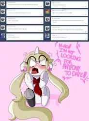 Size: 4500x6100 | Tagged: safe, artist:fullmetalpikmin, derpibooru import, oc, oc:cherry blossom, unofficial characters only, pony, unicorn, tumblr:ask viewing pleasure, absurd resolution, ask, blushing, bow, congenital amputee, embarrassed, female, floppy ears, frog (hoof), hair bow, mare, open mouth, pigtails, pink background, prosthetic limb, prosthetics, shrunken pupils, simple background, solo, tumblr, twintails, underhoof
