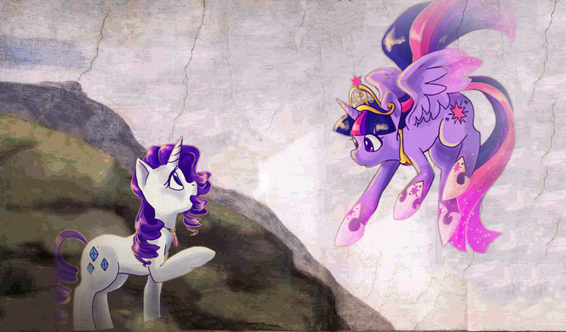 Size: 874x512 | Tagged: safe, artist:michelangelo, artist:palolabg, derpibooru import, edit, rarity, twilight sparkle, twilight sparkle (alicorn), alicorn, pony, unicorn, fanfic, fanfic:the enchanted library, :o, big crown thingy, classic art, eye contact, fanfic art, female, flying, jewelry, lesbian, looking at each other, mare, necklace, open mouth, parody, raised hoof, rarilight, regalia, shipping, smiling, spread wings, the creation of adam, wings