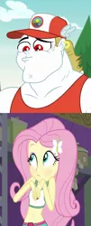 Size: 580x1440 | Tagged: safe, derpibooru import, edit, edited screencap, screencap, bulk biceps, fluttershy, equestria girls, legend of everfree, adorasexy, belly button, blushing, camp everfree outfits, cap, clothes, cropped, cute, ear piercing, earring, eyeshadow, female, flutterbulk, hairpin, hat, jewelry, makeup, male, midriff, piercing, sexy, shipping, shyabetes, sports bra, straight