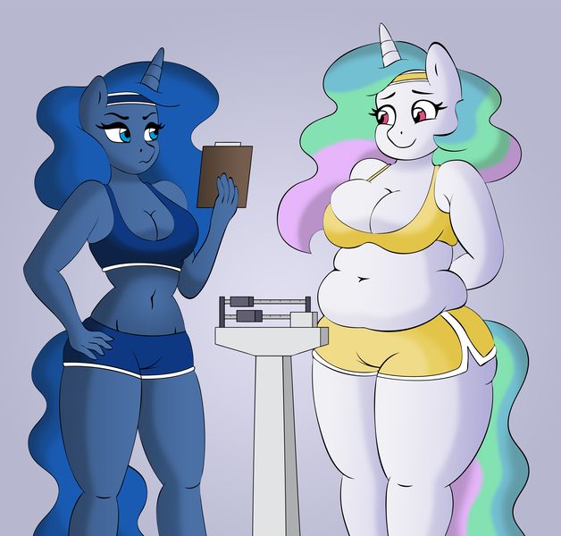 Size: 4000x3824 | Tagged: absurd resolution, anthro, artist:lordstormcaller, belly, belly button, bike shorts, breasts, chubby, chubbylestia, cleavage, clipboard, clothes, derpibooru import, fat, female, headband, midriff, muffin top, princess celestia, princess luna, redraw, royal sisters, scale, series:the royal sisters saga, shorts, sports bra, suggestive