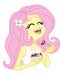 Size: 461x553 | Tagged: safe, artist:peppersupreme, derpibooru import, fluttershy, equestria girls, bowl, clothes, cute, eating, eyes closed, food, fork, fruit salad, laughing, open mouth, ponies laughing with fruit salad, salad, shyabetes, simple background, solo, tanktop, teeth, transparent background