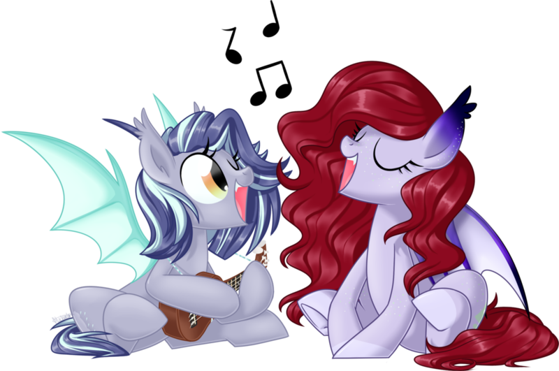 Size: 1024x680 | Tagged: safe, artist:kellythedrawinguni, derpibooru import, oc, oc:rain, oc:sachan, unofficial characters only, bat pony, pony, eyes closed, female, mare, one eye closed, simple background, singing, transparent background, ukulele