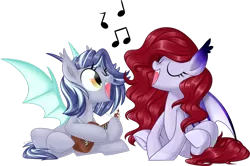 Size: 1024x680 | Tagged: safe, artist:kellythedrawinguni, derpibooru import, oc, oc:rain, oc:sachan, unofficial characters only, bat pony, pony, eyes closed, female, mare, one eye closed, simple background, singing, transparent background, ukulele