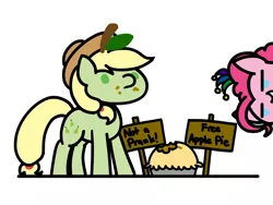 Size: 1280x960 | Tagged: safe, artist:flutterluv, derpibooru import, applejack, pinkie pie, pony, april fools, food, hat, jester hat, pearjack, pie, transformation