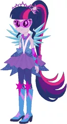 Size: 311x570 | Tagged: safe, artist:ra1nb0wk1tty, derpibooru import, sci-twi, twilight sparkle, equestria girls, legend of everfree, boots, crystal guardian, crystal wings, glasses, high heel boots, ponied up, ponytail, scitwilicorn, simple background, solo, sparkles, super ponied up, white background, wings