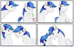 Size: 2100x1346 | Tagged: safe, artist:testostepone, derpibooru import, oc, oc:turquoise, unofficial characters only, pegasus, pony, bedroom eyes, blushing, chest fluff, colored, comic, femboy, fluffy, looking at each other, looking back, male, piercing, self ponidox, selfcest, shipping, simple background, smug, straw, white background