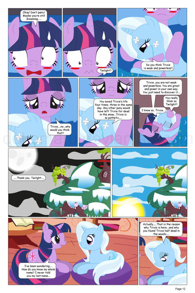 Size: 864x1296 | Tagged: safe, artist:dekomaru, derpibooru import, trixie, twilight sparkle, pony, unicorn, comic:the greatest gift, artifact, bandage, bed, comic, crying, female, golden oaks library, lesbian, mare, prone, shipping, twixie