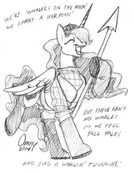 Size: 600x773 | Tagged: safe, artist:omny87, derpibooru import, princess luna, alicorn, pony, black and white, boots, clothes, costume, futurama, galoshes, grayscale, harpoon, hat, monochrome, pencil drawing, singing, sketch, traditional art, whaler