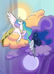 Size: 2400x3300 | Tagged: safe, artist:nytewell, derpibooru import, princess celestia, princess luna, alicorn, pony, clothes, cloud, day, dress, duality, female, looking up, mare, moon, night, prone, royal sisters, sky, smiling, spread wings, sun, twilight (astronomy), wings