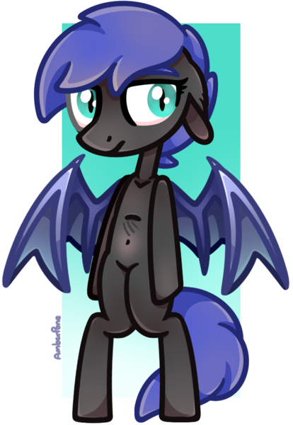 Size: 780x1130 | Tagged: safe, artist:amberpone, derpibooru import, oc, oc:nebula wings, unofficial characters only, bat pony, semi-anthro, bat wings, belly button, bipedal, blue eyes, blue mane, commission, digital art, eyebrows, female, grey fur, mare, original art, original style, paint tool sai, simple background, solo, standing, transparent background