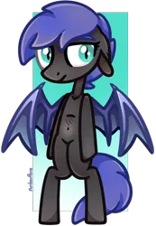 Size: 780x1130 | Tagged: safe, artist:amberpone, derpibooru import, oc, oc:nebula wings, unofficial characters only, bat pony, semi-anthro, bat wings, belly button, bipedal, blue eyes, blue mane, commission, digital art, eyebrows, female, grey fur, mare, original art, original style, paint tool sai, simple background, solo, standing, transparent background