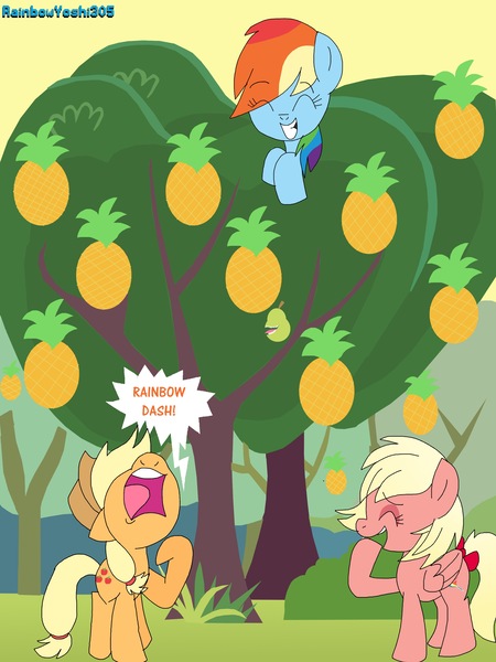 Size: 2448x3264 | Tagged: safe, artist:rainbowyoshi305, derpibooru import, applejack, rainbow dash, oc, pony, april fools, ashleigh ball, biting pear of salamanca, eyes closed, food, grin, laughing, nose in the air, pineapple, pineapplejack, ponysona, raised hoof, smiling, tree, yelling