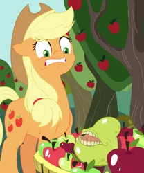 Size: 1500x1800 | Tagged: safe, artist:iraecoal, derpibooru import, applejack, pony, apple, apple tree, biting pear of salamanca, bucket, floppy ears, food, frown, gritted teeth, pear, scared, solo, this will end in pear juice