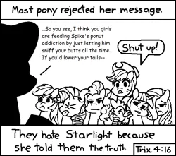 Size: 714x630 | Tagged: suggestive, artist:threetwotwo32232, derpibooru import, edit, applejack, fluttershy, pinkie pie, rainbow dash, rarity, spike, starlight glimmer, twilight sparkle, dragon, pony, chick tract, exploitable meme, jack chick, mane seven, mane six, meme, most people rejected his message