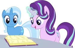 Size: 6000x3914 | Tagged: safe, artist:deratrox, derpibooru import, starlight glimmer, trixie, pony, unicorn, all bottled up, .svg available, absurd resolution, book, female, magic, mare, simple background, transparent background, vector