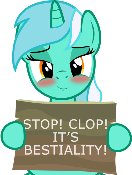Size: 1196x1592 | Tagged: suggestive, artist:badumsquish, derpibooru import, lyra heartstrings, pony, unicorn, bedroom eyes, blushing, female, hoof hold, looking at you, mare, meta, mouthpiece, parody, pro-clop, sign, simple background, smiling, smirk, solo, solo female, transparent background