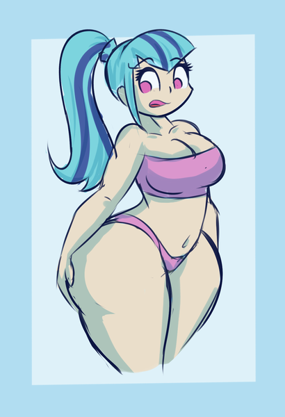 Size: 1109x1621 | Tagged: suggestive, artist:funble, derpibooru import, sonata dusk, equestria girls, bandeau, belly button, bra, breasts, chubby, cleavage, clothes, female, hips, human coloration, panties, plump, purple underwear, solo, solo female, sonata donk, thunder thighs, underwear, wide hips