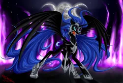 Size: 4000x2700 | Tagged: safe, artist:metalbladepegasus, derpibooru import, nightmare moon, alicorn, pony, magic, moon, raised hoof, sharp teeth, solo, spread wings, teeth, wings